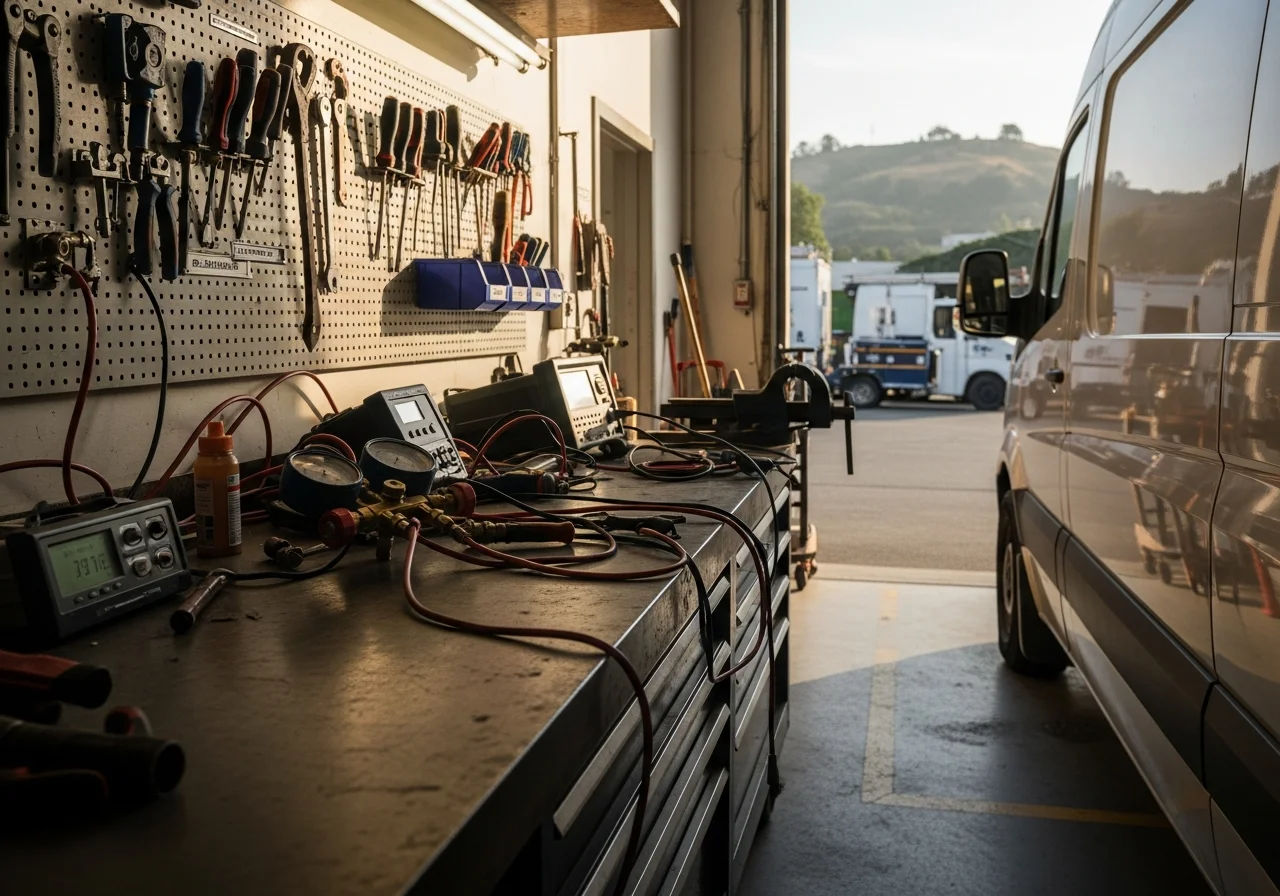 HVAC technician tools and equipment on a workbench, ready for installation and repair jobs.