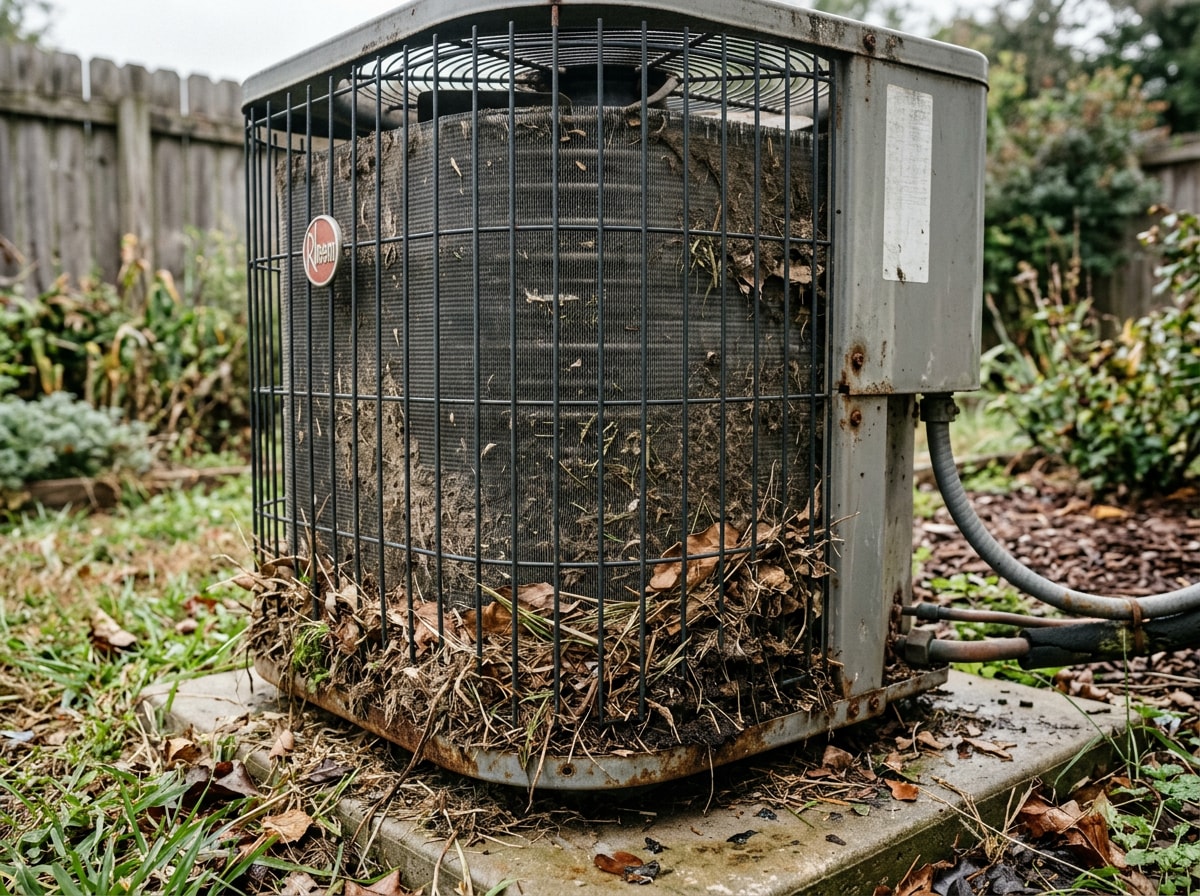 Debris-clogged outdoor AC condenser unit with blocked airflow and dirty coils