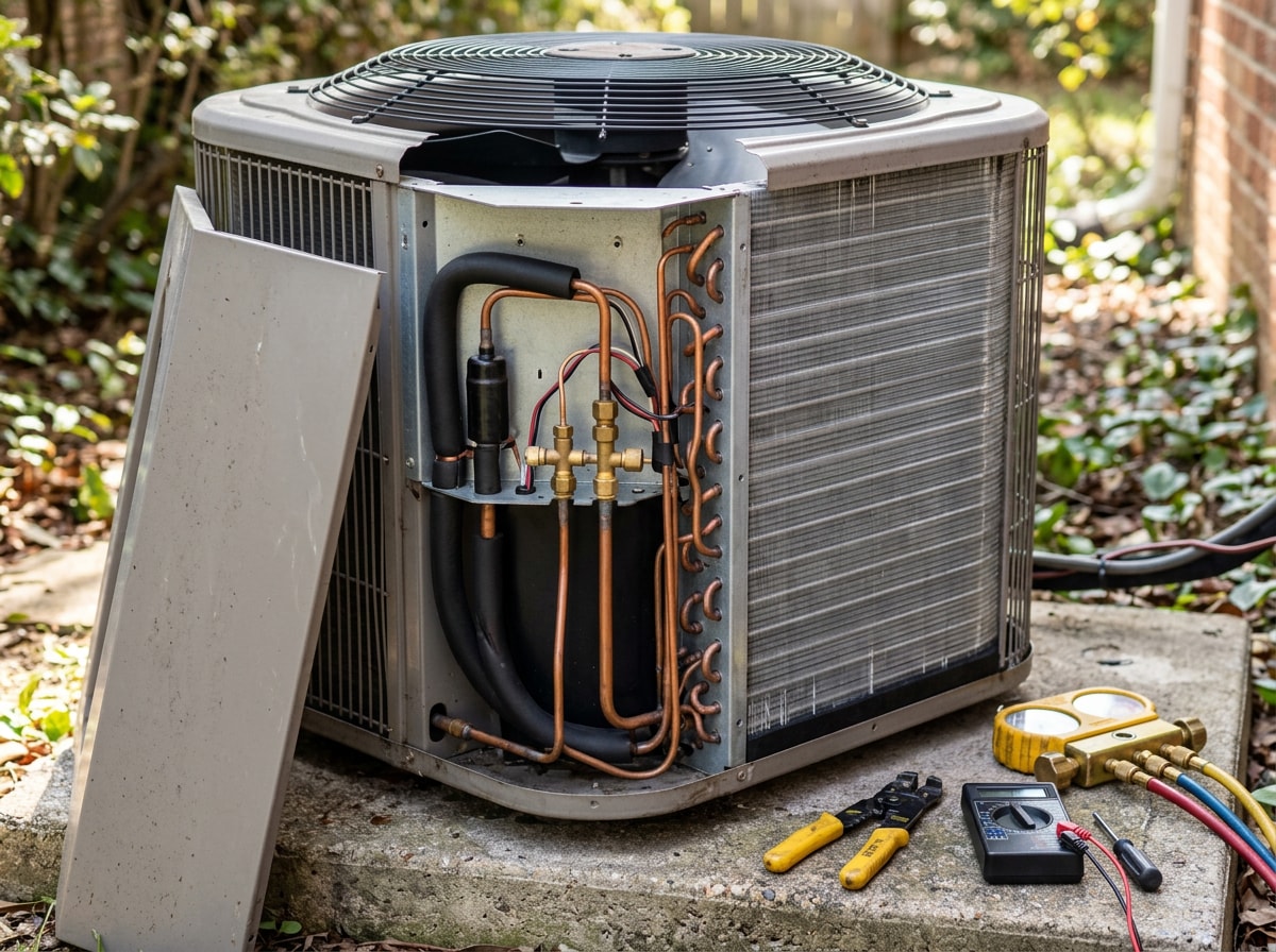 Outdoor condenser unit on a Santa Cruz home with evaporator coil access panel removed for inspection