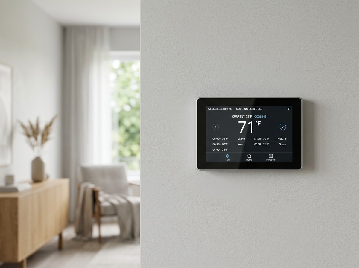 Smart thermostat mounted on an interior wall displaying a cooling schedule