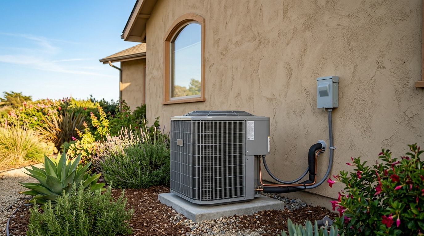 Residential central air conditioning condenser unit installed outside a Santa Cruz, CA home