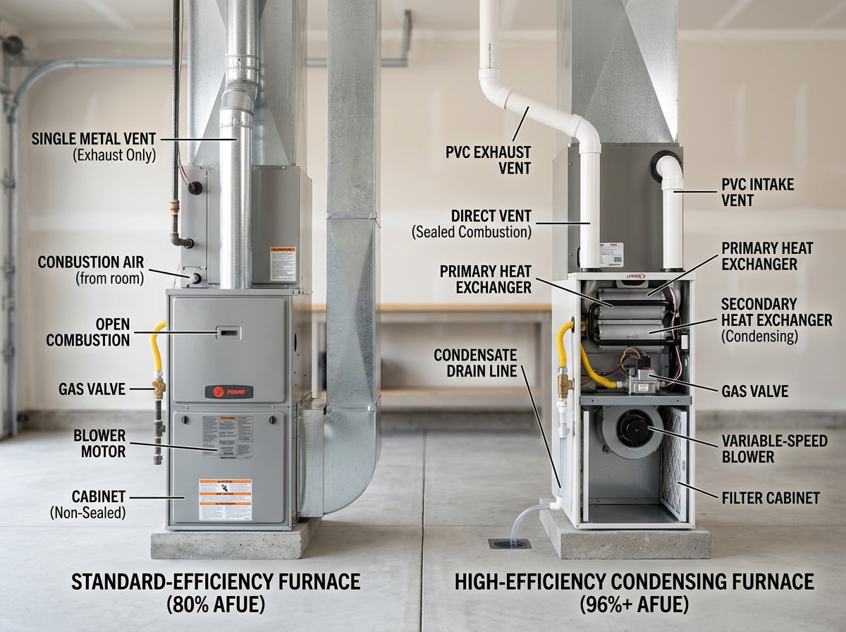 Side-by-side AFUE efficiency comparison diagram for standard vs high-efficiency furnaces