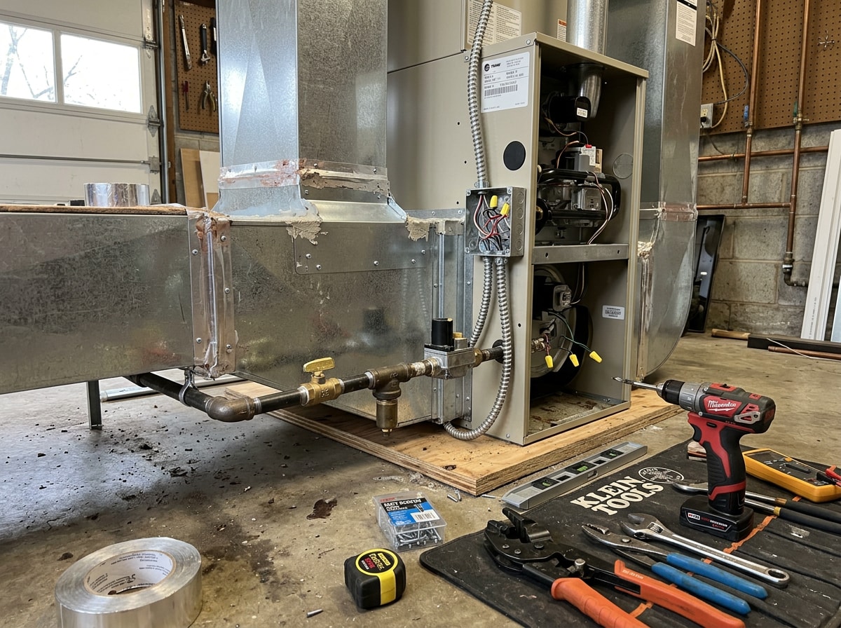 Technician installing a residential high-efficiency furnace in a Los Altos home