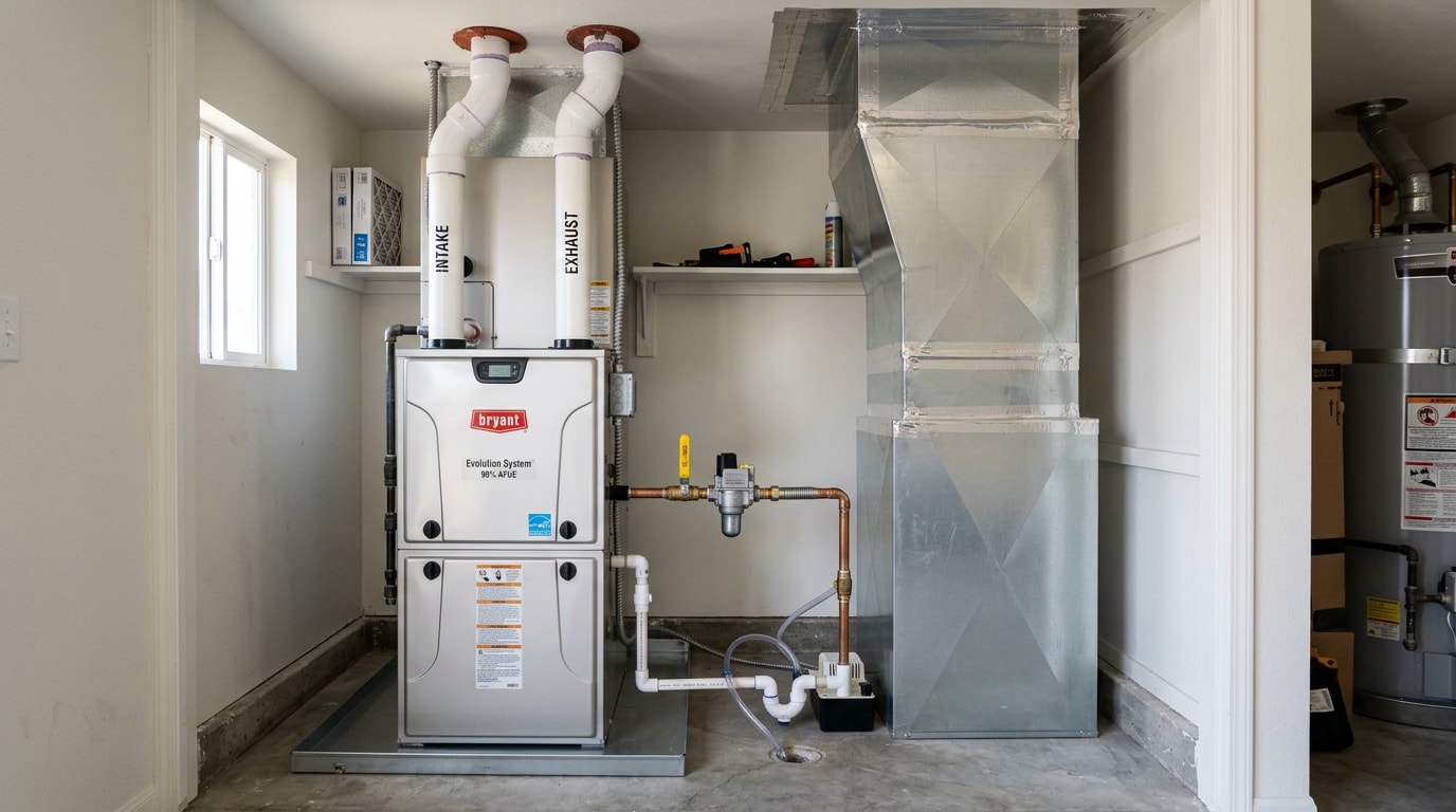 New high-efficiency furnace installed in a Los Altos home utility closet New high-efficiency furnace installed in a Los Altos home utility closet