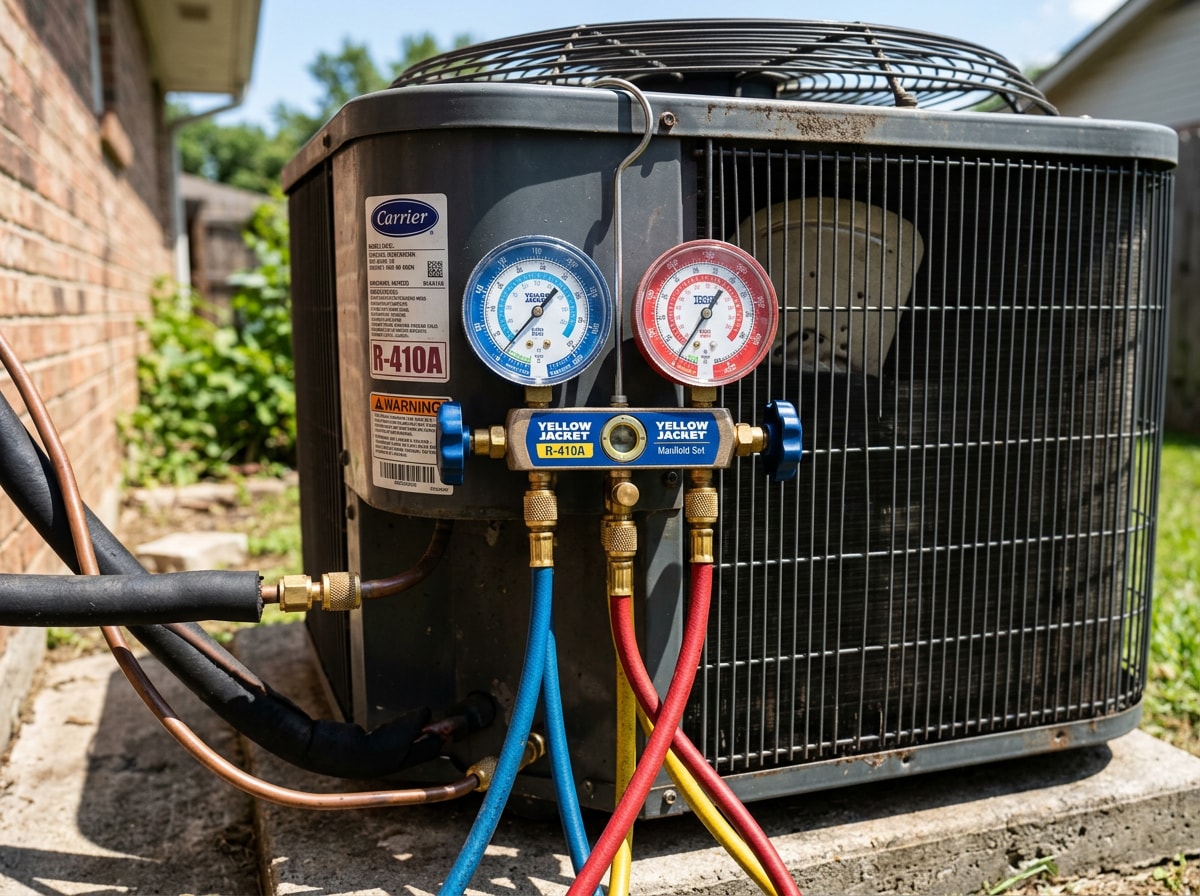 Technician diagnosing a residential outdoor condenser unit with gauges attached