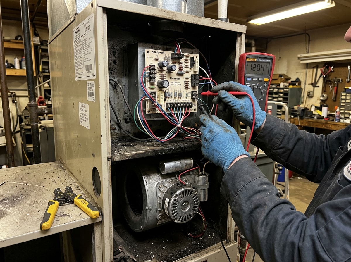 Close-up of a furnace control board and blower motor during a repair service