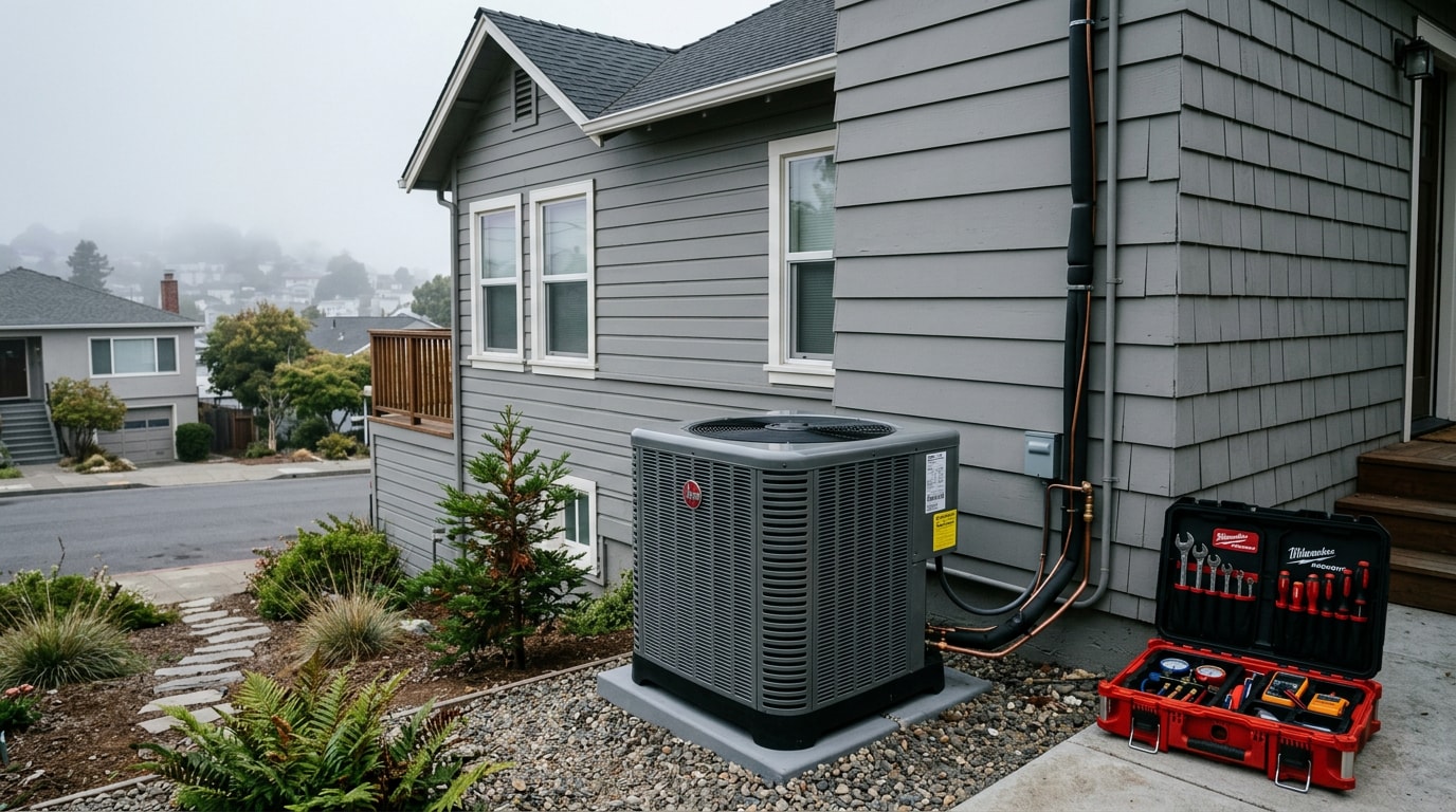 Residential HVAC condenser unit outside a South San Francisco home in morning fog