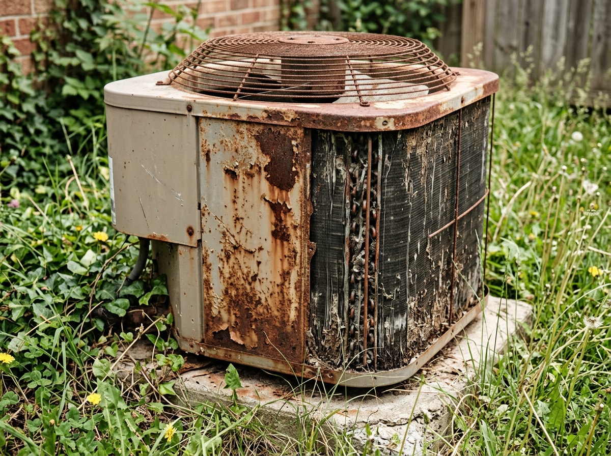 Close-up of a rusted, corroded outdoor condenser unit showing signs it needs replacement