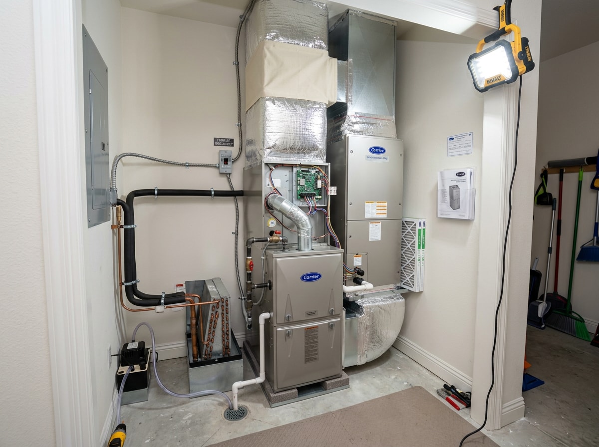 Finished indoor air handler installation in a Pleasanton home utility closet