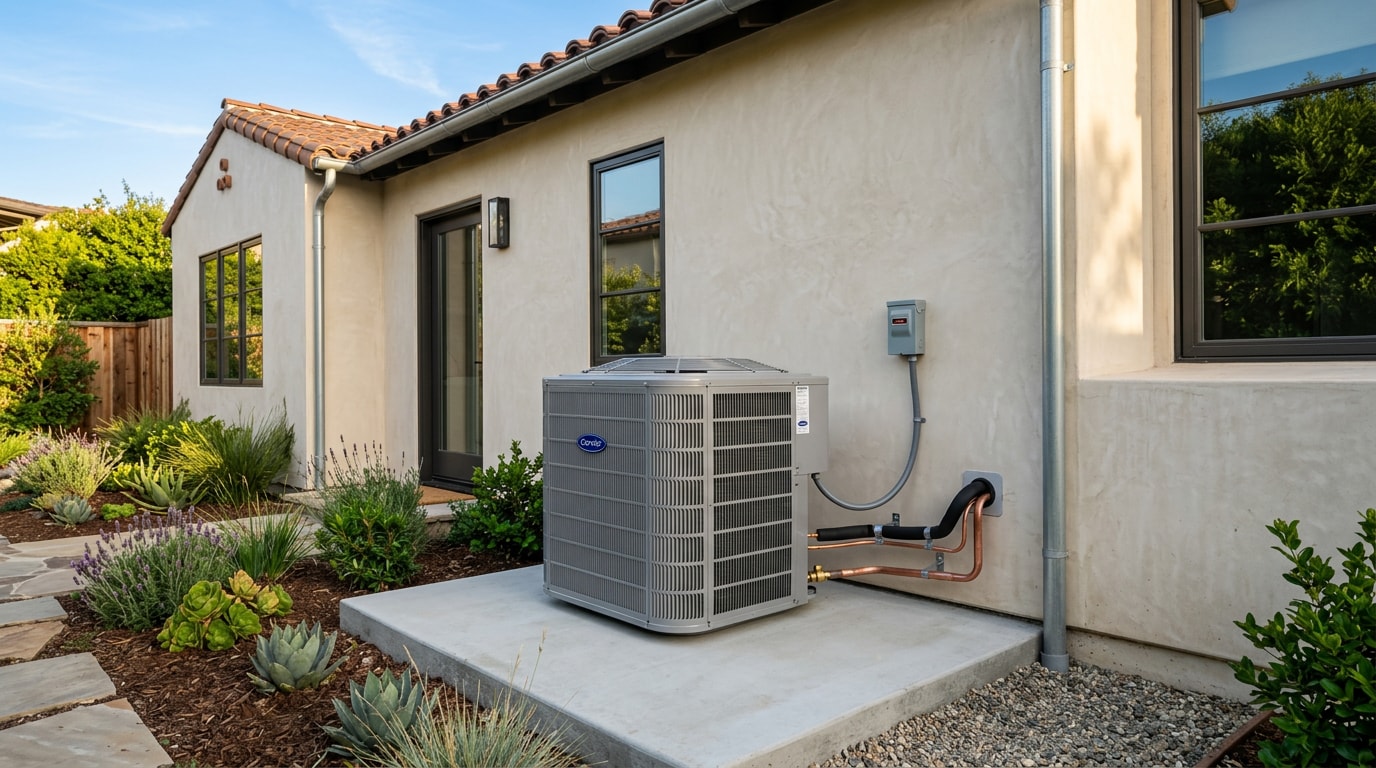 Newly installed outdoor HVAC condenser unit at a Pleasanton, CA home Newly installed outdoor HVAC condenser unit at a Pleasanton, CA home