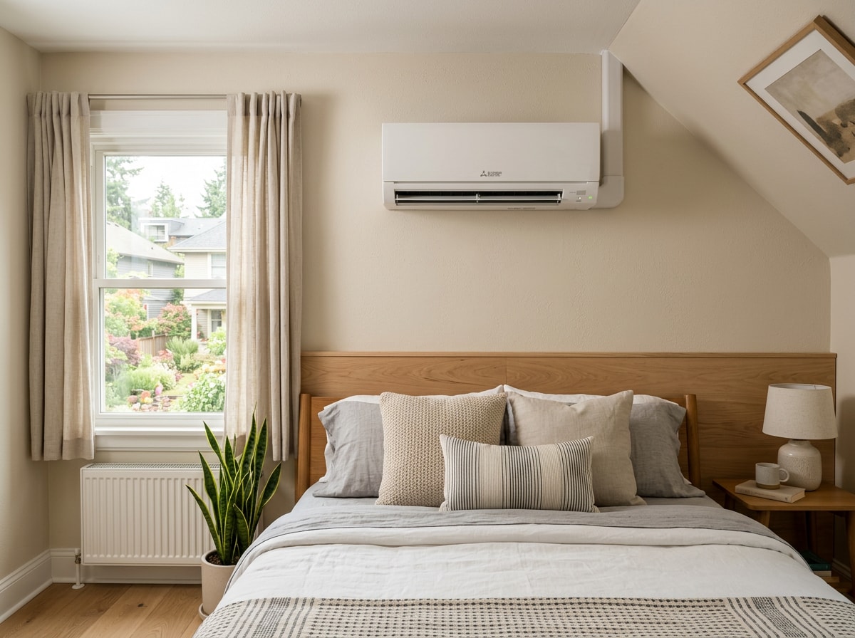 Wall-mounted ductless mini-split indoor unit cooling an upstairs bedroom that used to run hot