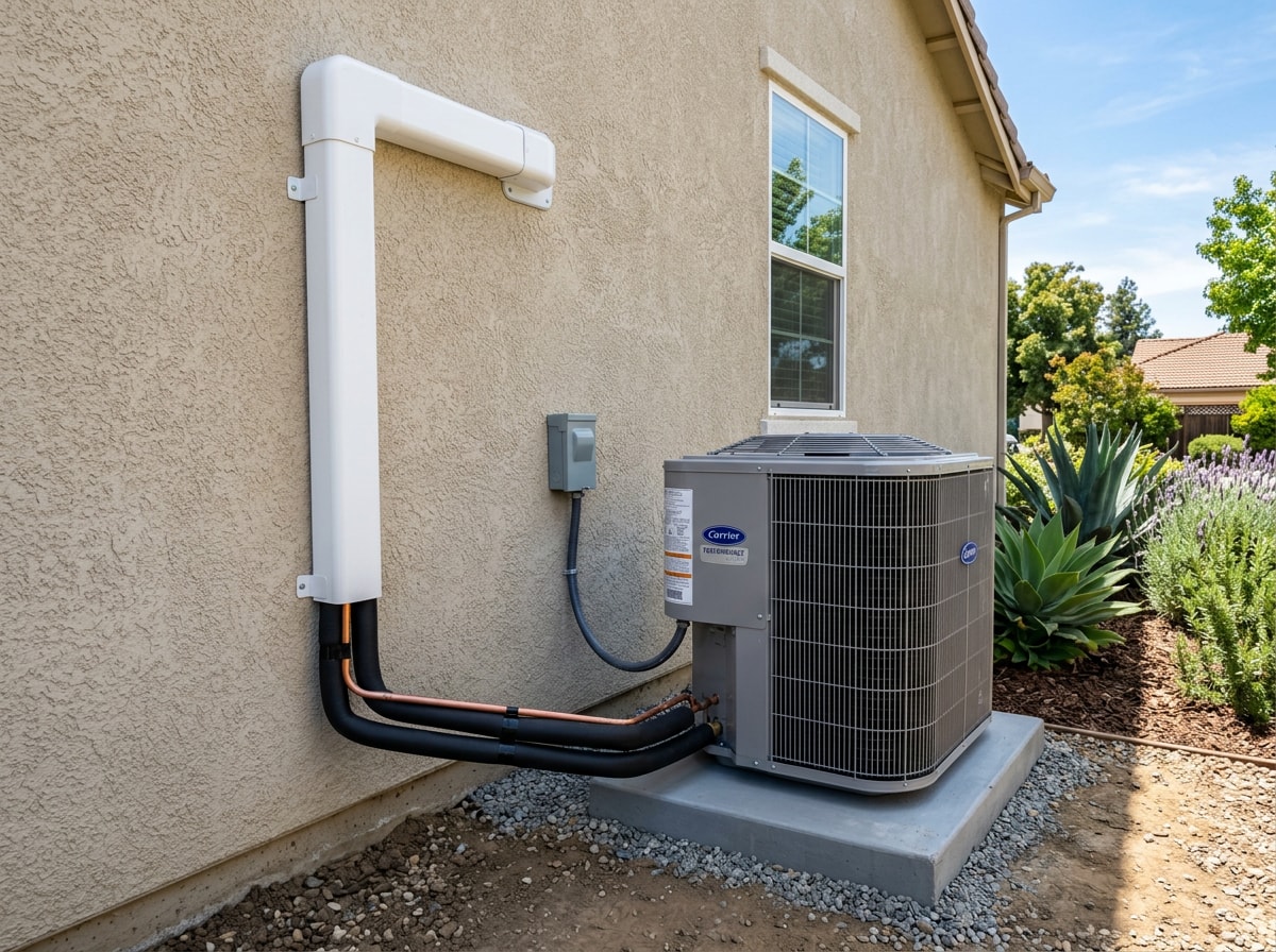 HVAC technician installing outdoor condenser and line set during mini split installation in Livermore, CA