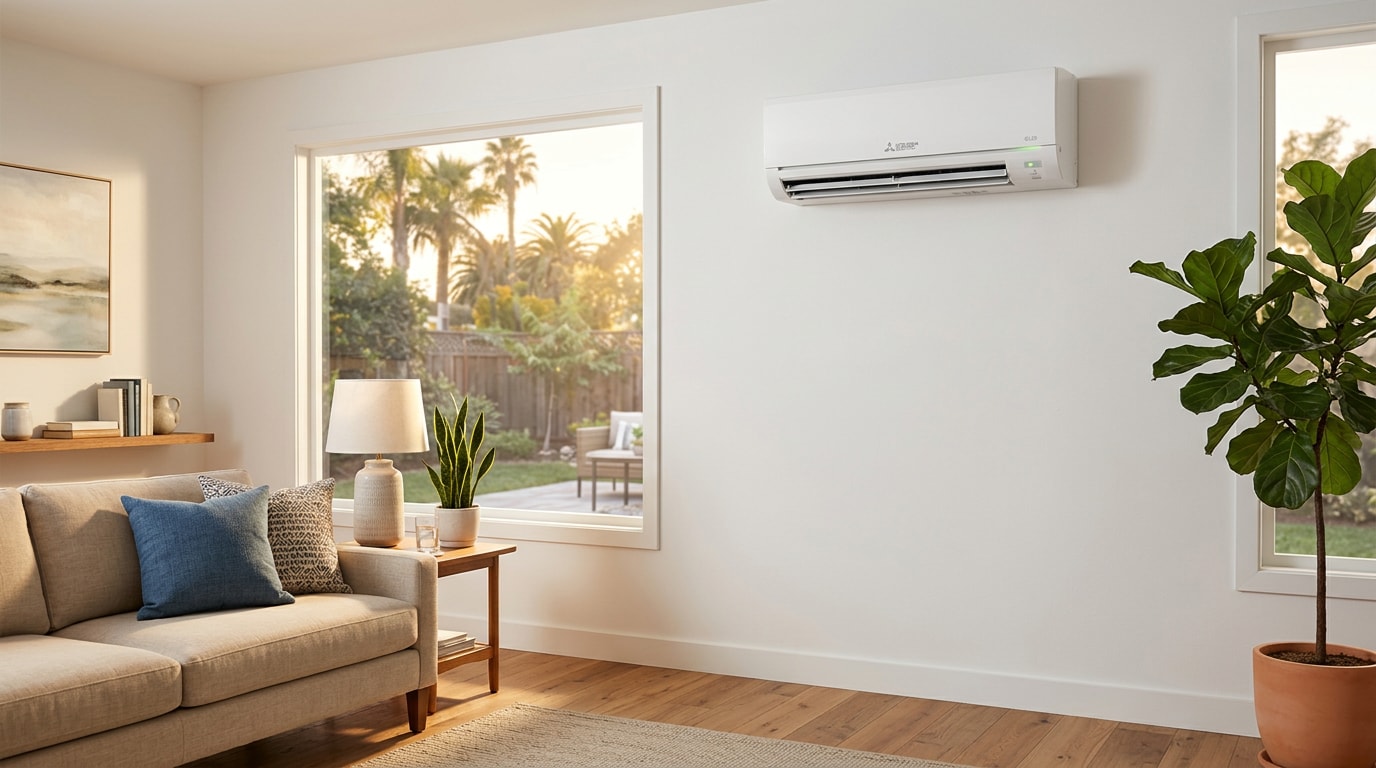 Wall-mounted ductless mini split heat and AC unit installed in a Livermore, CA living room