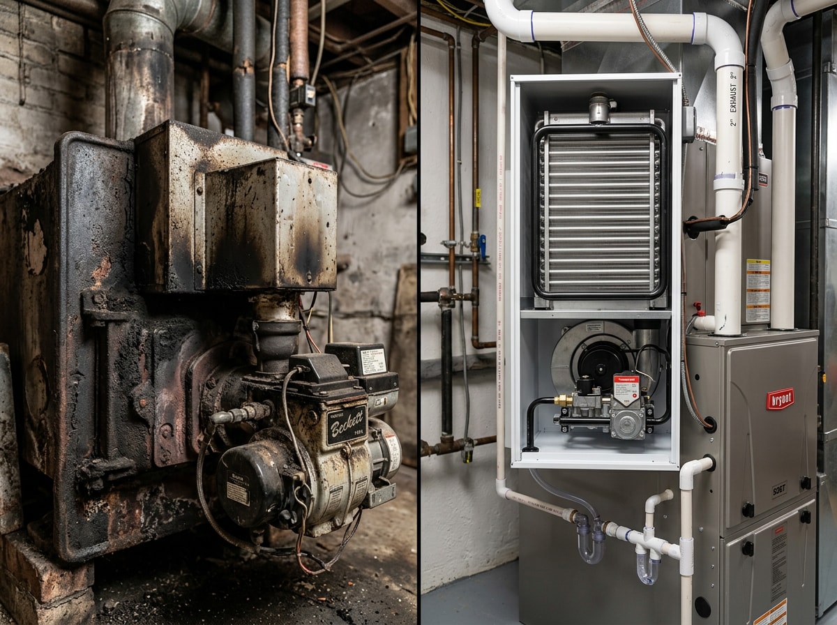 Side-by-side comparison graphic of oil furnace pros and cons versus gas furnace efficiency
