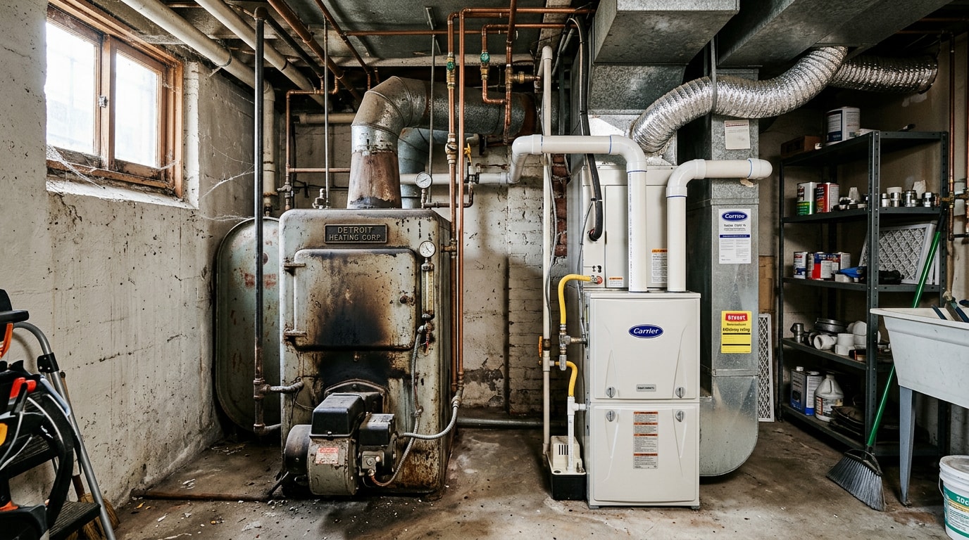 Older oil furnace next to a modern high-efficiency furnace in a San Francisco home utility room