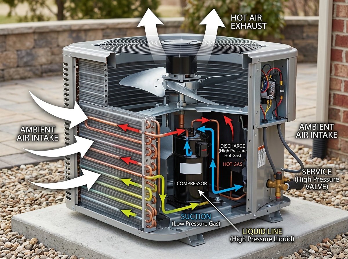 Labeled diagram showing airflow and refrigerant flow through an outdoor AC condenser unit