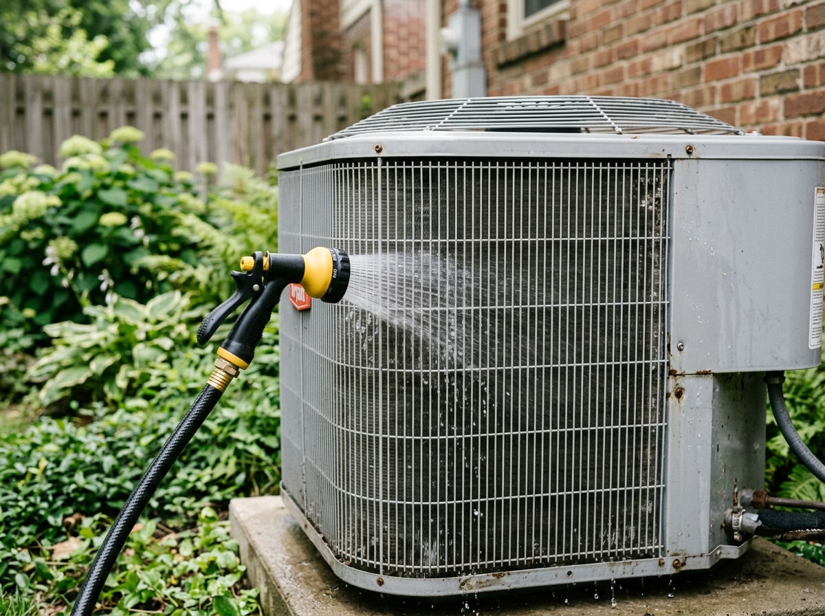 Homeowner using a garden hose at a low angle to gently rinse AC condenser fins