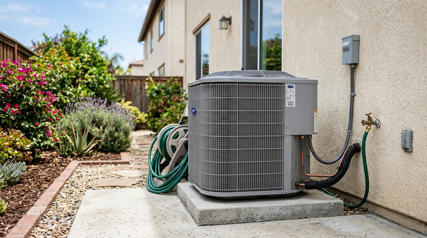 Outdoor AC condenser unit beside a Sunnyvale, CA home on a sunny afternoon