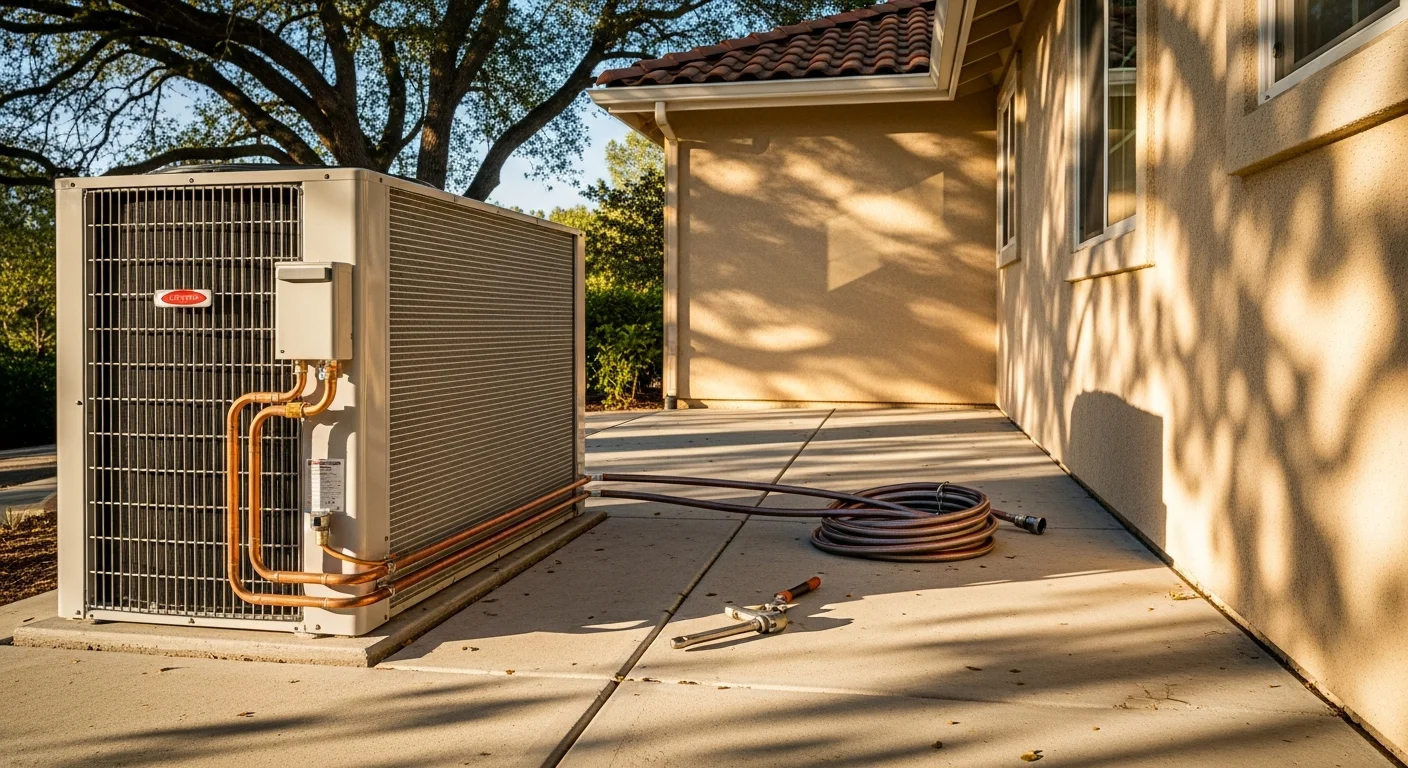 Air conditioning condenser unit installed outside residential home