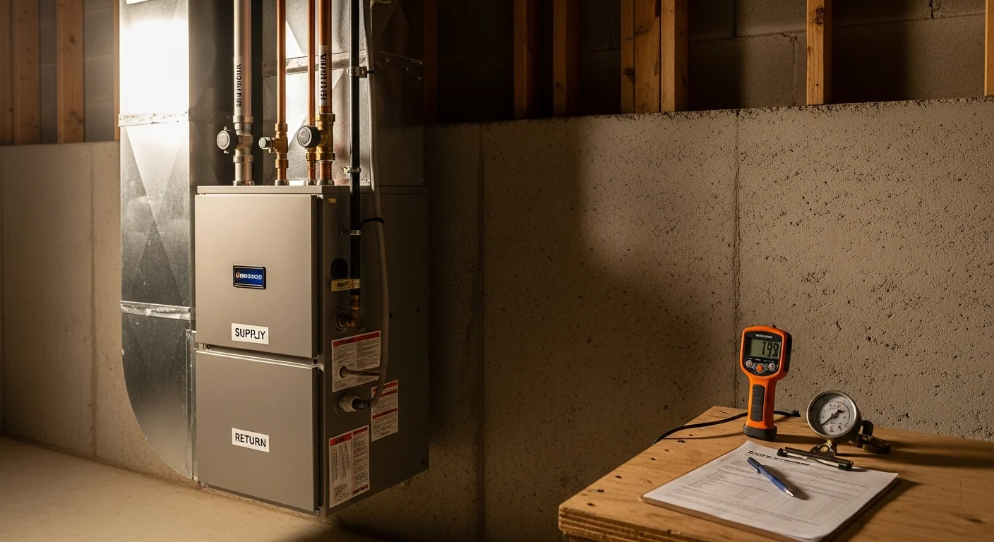 Furnace heating system installation in residential basement