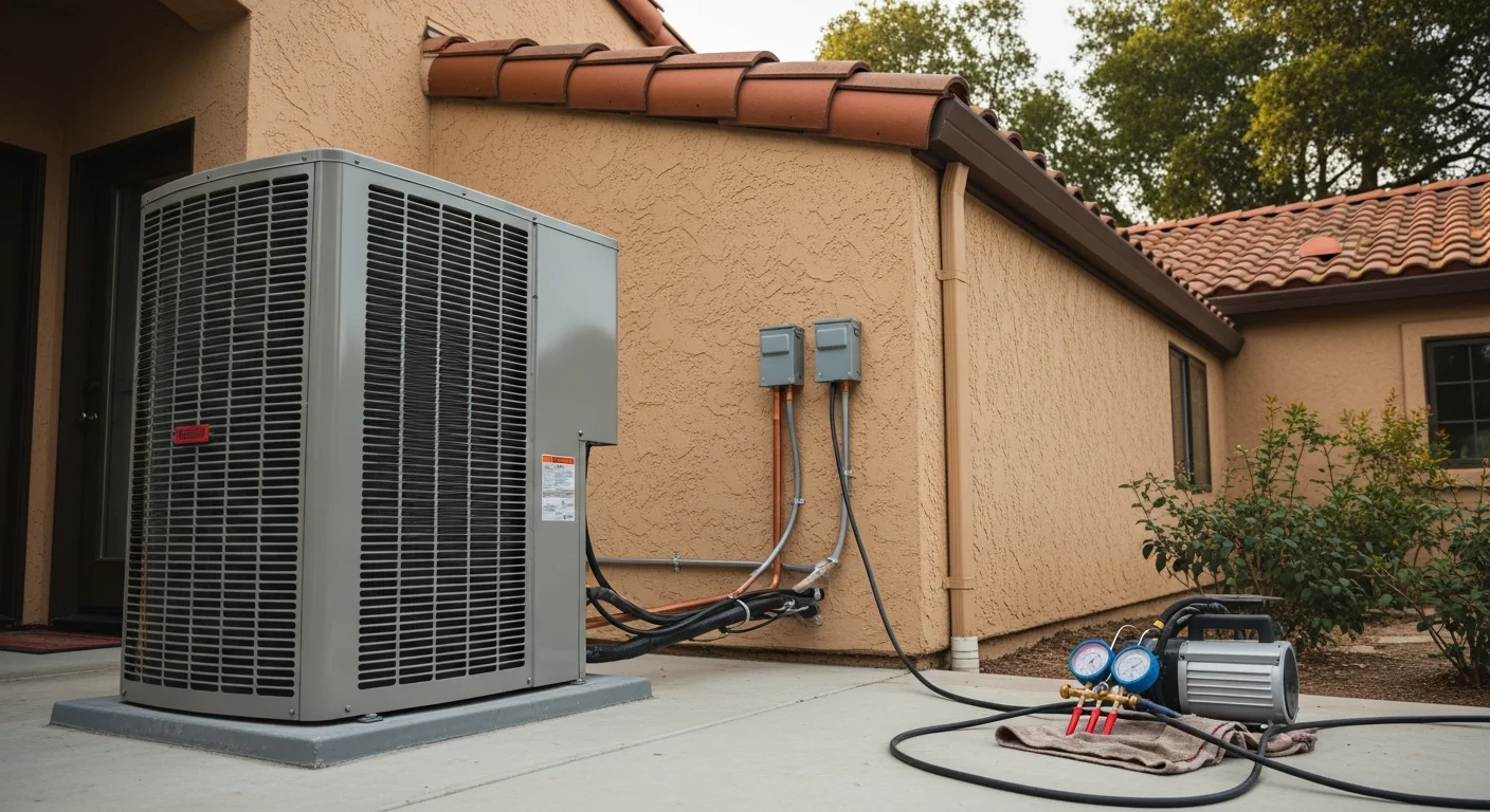 A licensed technician from Air Control Mechanical completing an outdoor AC condenser installation at a residential property in Palo Alto, California. The unit is mounted on a concrete pad beside the home with refrigerant lines routed neatly along the exterior wall.