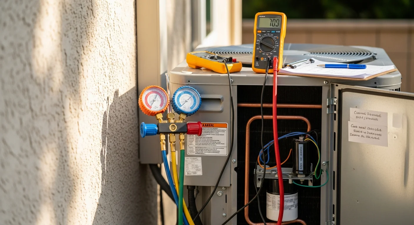 An Air Control Mechanical technician inspecting an outdoor AC condenser unit at a single-family home in Palo Alto, California. The technician is checking internal components with a diagnostic tool during a summer repair visit.