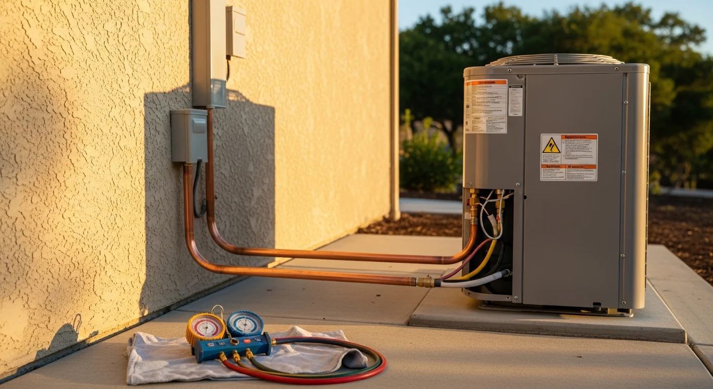 A newly installed central air conditioning outdoor condenser unit beside a Palo Alto residential home, with a technician completing final system checks on a clear summer day.