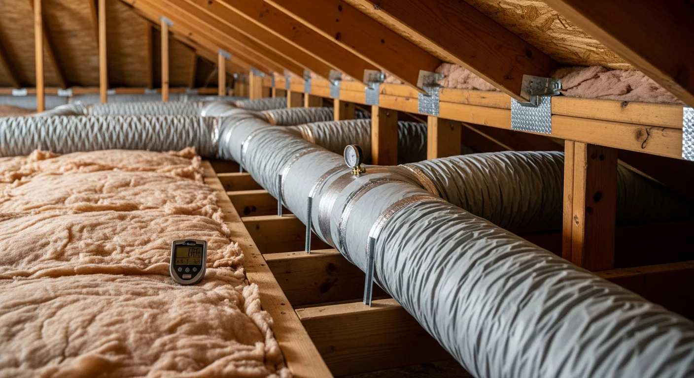 A technician from Air Control Mechanical securing sealed metal ductwork inside the attic of a Palo Alto residential home. New insulated duct runs are visible extending toward ceiling registers in a multi-room layout.
