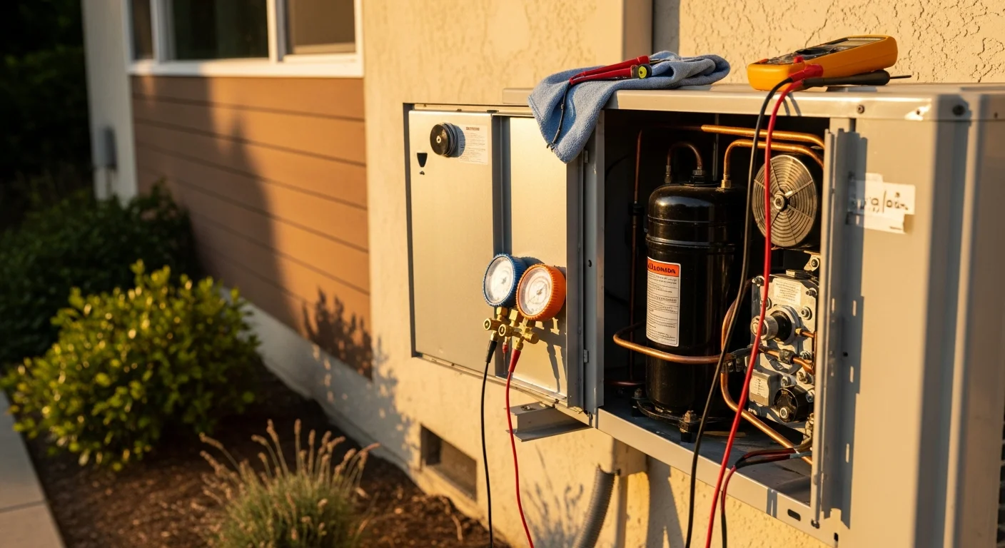 An Air Control Mechanical technician inspecting an outdoor HVAC condenser unit at a residential property in Palo Alto, California. The technician uses diagnostic equipment to assess a cooling system failure on a warm, clear day typical of the Palo Alto summer climate.