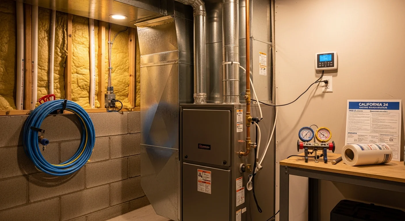 A licensed technician from Air Control Mechanical completing a furnace installation in the utility area of a Palo Alto residential home. The new heating unit is mounted and connected to the existing duct system, with the technician performing a final inspection of the venting and gas connections.