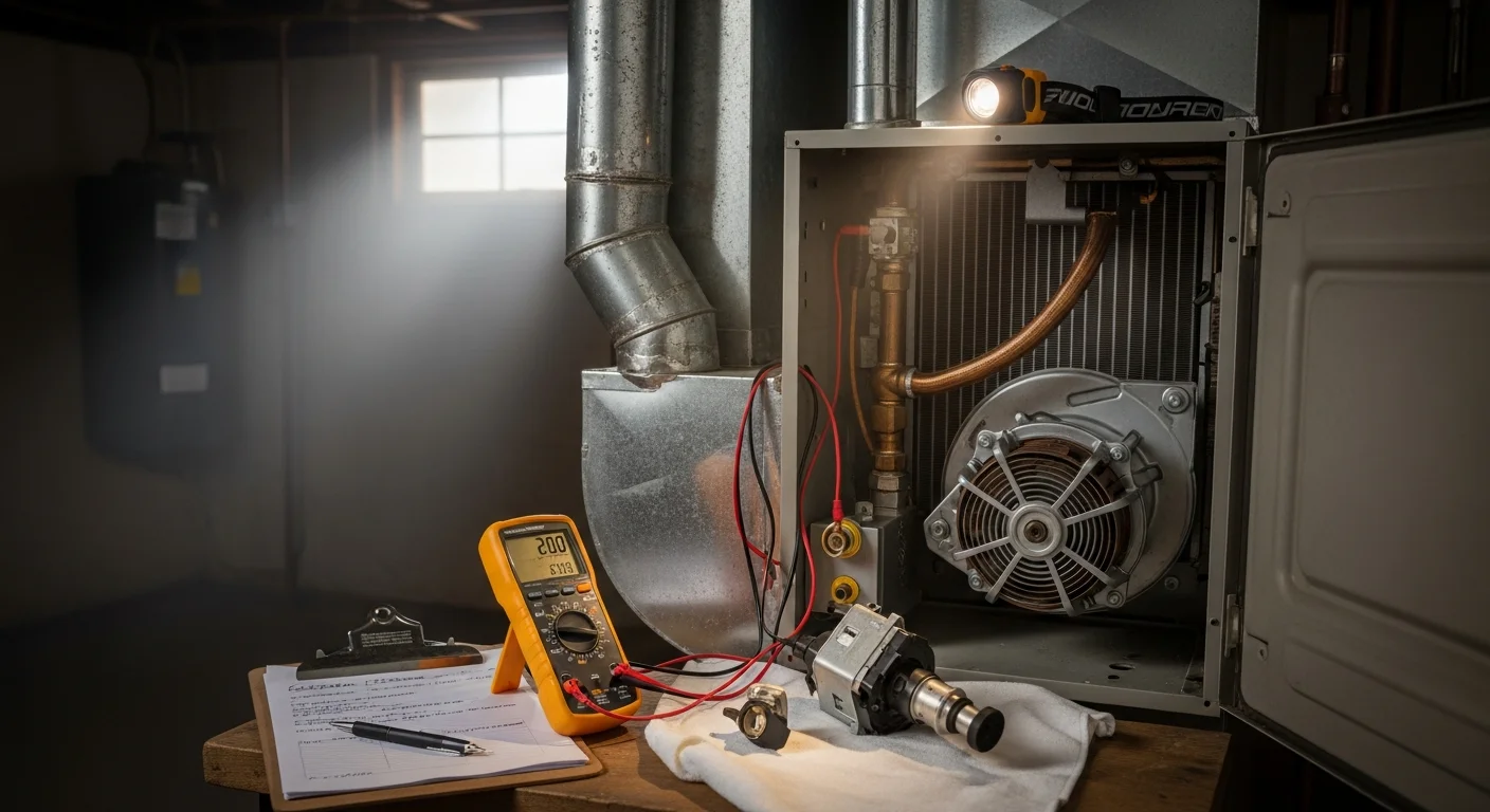 An Air Control Mechanical technician inspecting the interior components of a residential gas furnace in a Palo Alto home. The furnace access panel is open, showing the heat exchanger and burner assembly under bright work lighting.