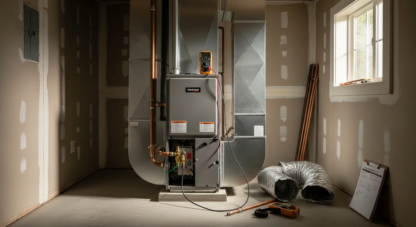 A new furnace installed in the utility area of a Palo Alto home, with clean venting connections and updated ductwork visible. An Air Control Mechanical technician checks the system controls during startup.
