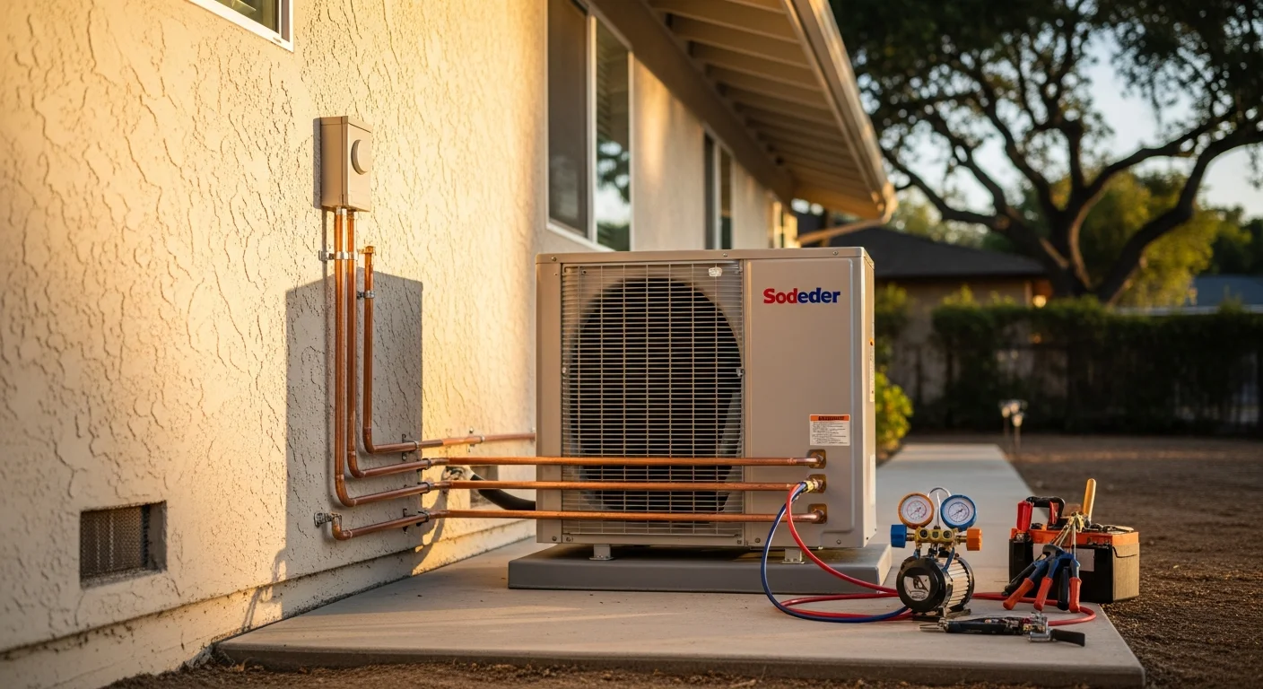 A newly installed heat pump outdoor unit mounted beside a single-story Palo Alto home with a concrete pad and copper line set connections visible. The surrounding yard shows a typical mid-century residential property in a quiet Palo Alto neighborhood.
