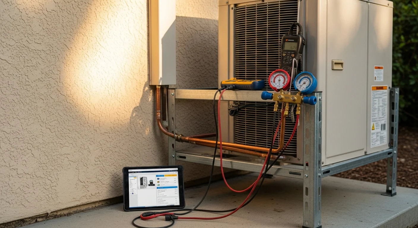An Air Control Mechanical technician inspecting the outdoor compressor unit of a residential heat pump at a single-story Palo Alto home. The technician is checking refrigerant connections on a clear day with the home's exterior visible in the background.
