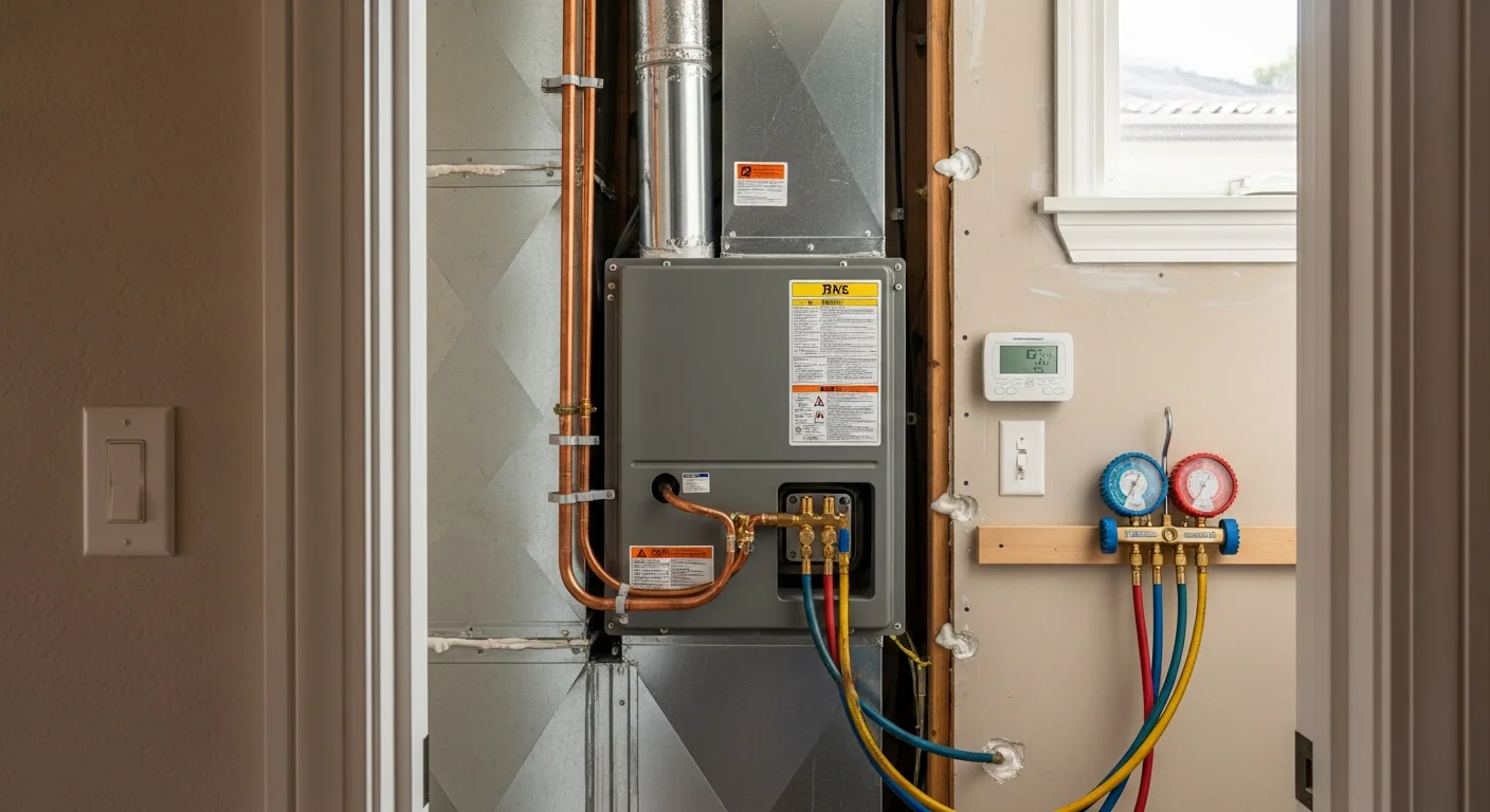 An Air Control Mechanical technician completing an HVAC system installation at a single-family home in Palo Alto, California. The outdoor condenser unit is positioned on a concrete pad beside the house with clear setback clearance.
