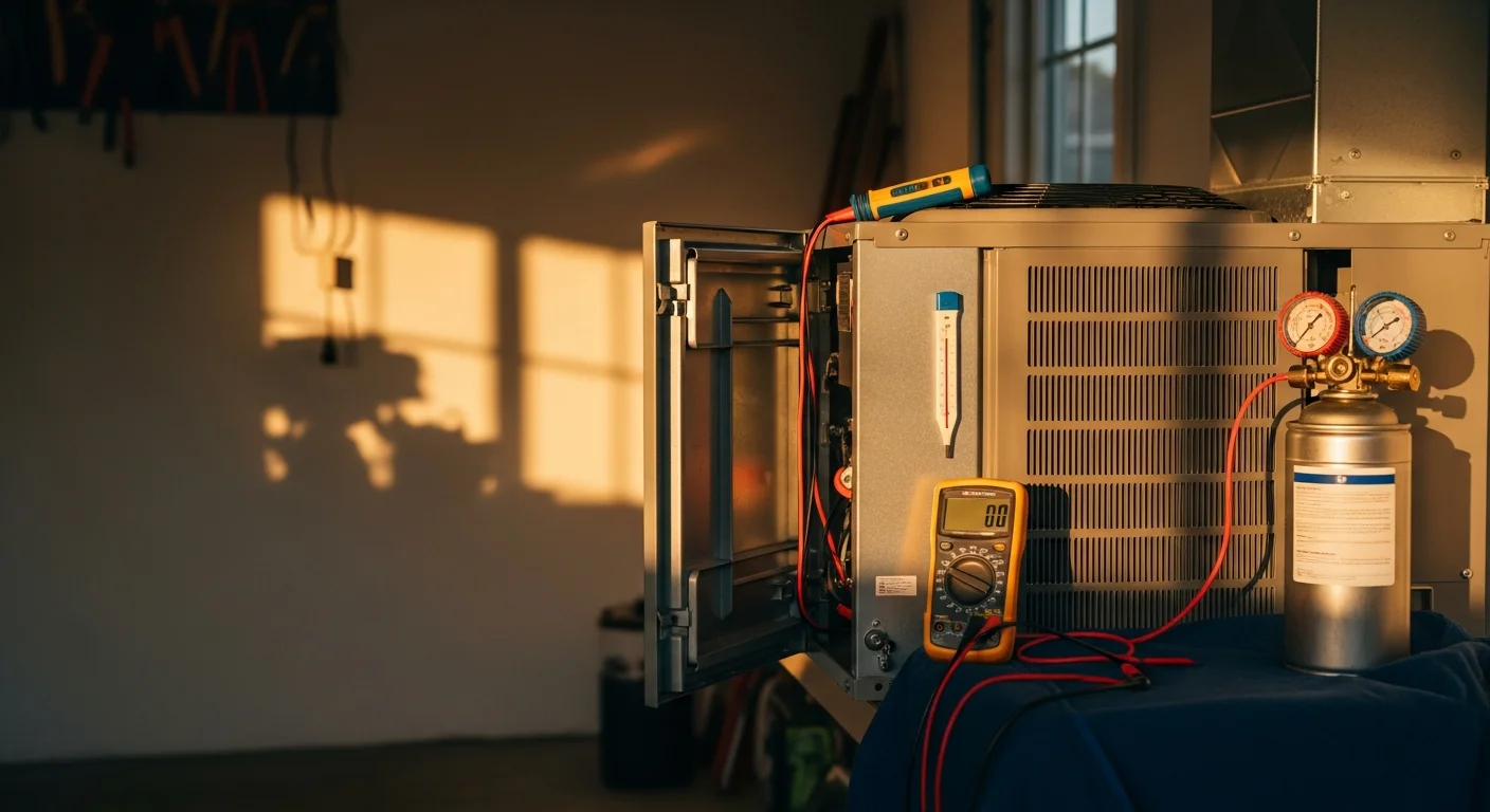 An Air Control Mechanical technician inspecting an HVAC air handler unit inside a Palo Alto home. The technician checks internal components with a diagnostic tool during a repair visit.