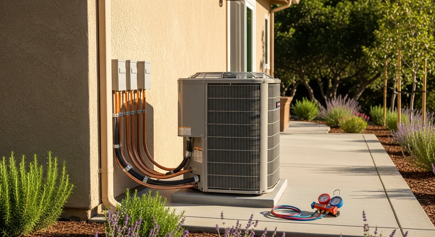 A newly installed HVAC system on the exterior of a single-family home in Palo Alto, California, with clean copper line sets and a modern condenser unit mounted on a concrete pad. A technician in a branded uniform performs a final inspection of the equipment.