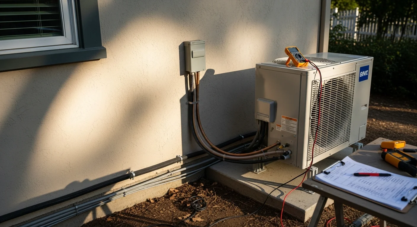 A wall-mounted ductless mini-split indoor air handler installed in a Palo Alto home living room, with the outdoor condenser unit positioned along the exterior wall of a single-story residential property.