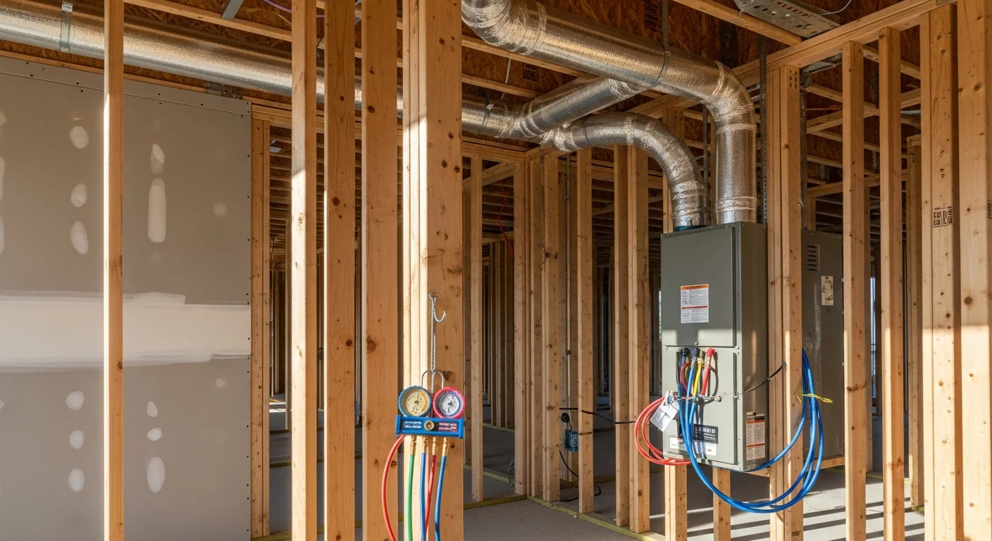 A newly installed all-electric heat pump system and ductwork inside the framed walls of a new construction home in Palo Alto, California. An HVAC technician from Air Control Mechanical inspects the equipment placement before drywall installation.