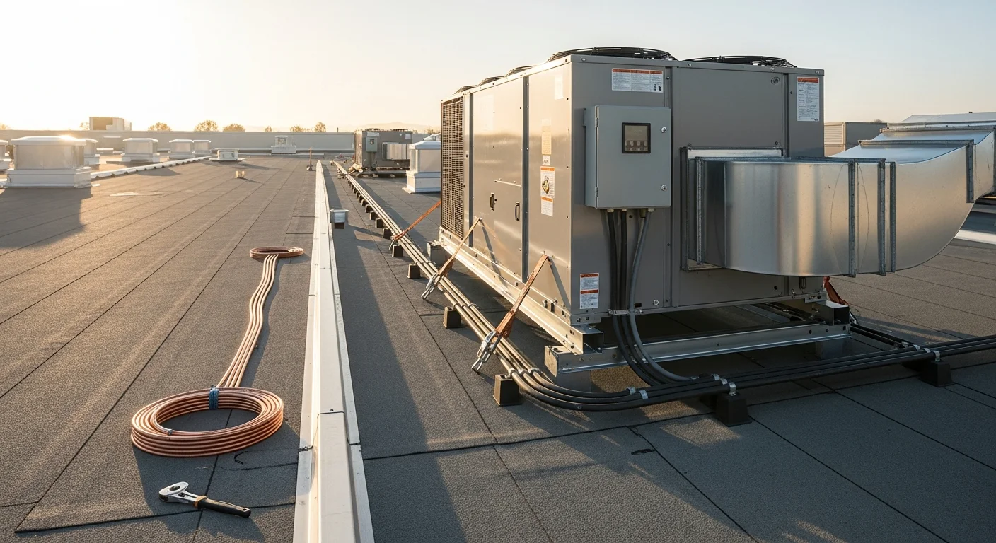 A packaged rooftop HVAC unit freshly installed on a flat commercial building roof in Palo Alto, California. The unit sits on a properly flashed curb with visible duct connections and electrical conduit running to the rooftop disconnect.