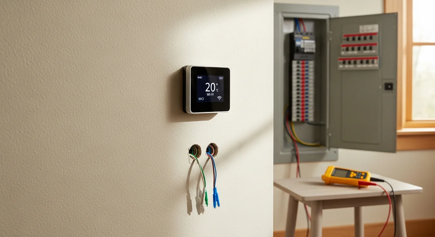A newly installed smart thermostat mounted on an interior wall of a Palo Alto home, displaying a temperature schedule on its digital screen. A technician from Air Control Mechanical completes the final setup check in the background.