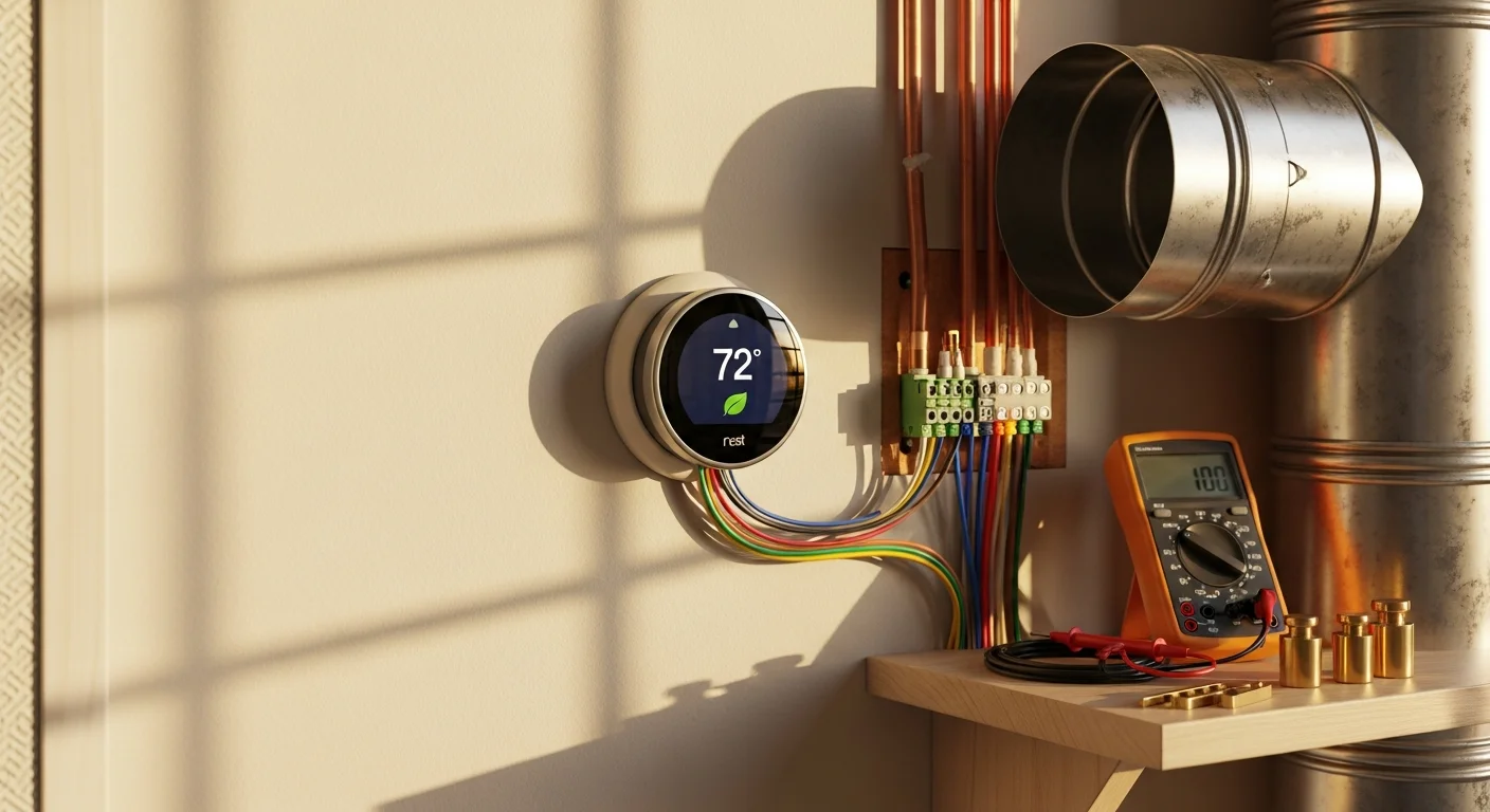 A modern programmable thermostat mounted on the interior wall of a mid-century single-family home in Palo Alto, with an HVAC vent visible in the background. A technician from Air Control Mechanical checks the wiring connections during a temperature control system upgrade.