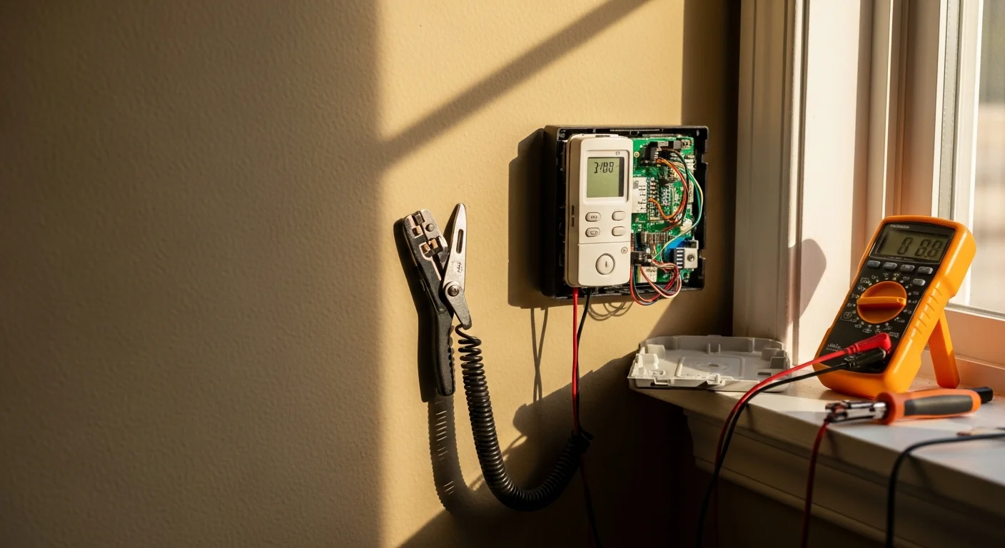 An HVAC technician inspecting and repairing a wall-mounted thermostat inside a Palo Alto home. The technician checks wiring connections behind the thermostat cover with a diagnostic tool.