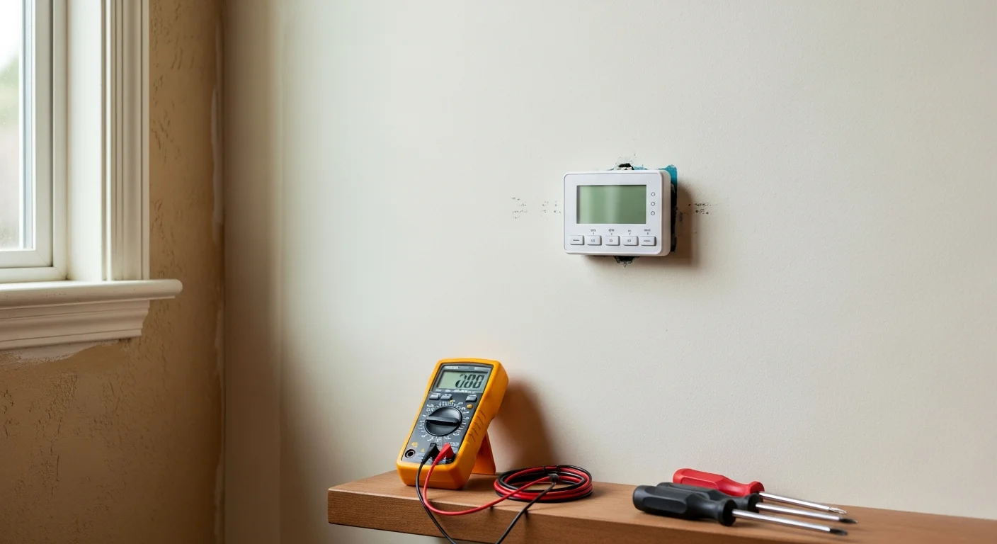 A technician installing a new thermostat on the wall of a single-family home in Palo Alto, California. The surrounding wall shows older drywall typical of a mid-century residential property.